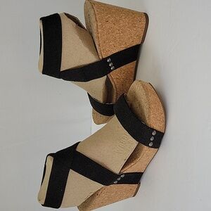 Lucky Brand Black Cork Wedge Sandals with Ankle Wrap